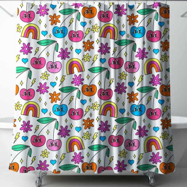 Kitschy Cherry Pop Rainbow Shower Curtain